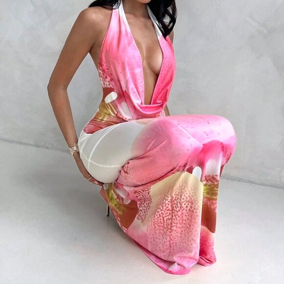 Khaki Sexy Women's Deep V Leopard Print Sequin Lace Tight Haltern Mini Dress - Picture 1 of 7